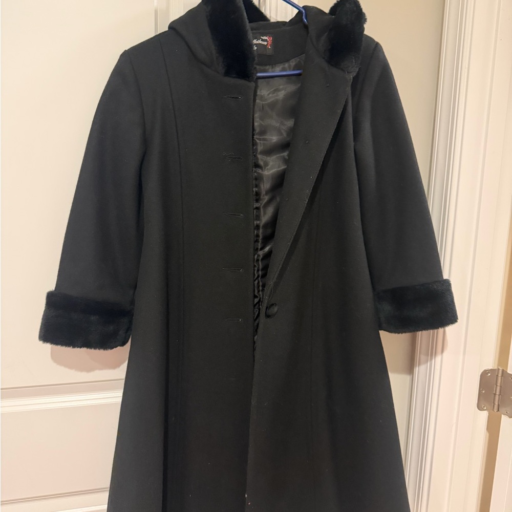 Stylish Black Kids Pea Coat with Faux Fur Trim